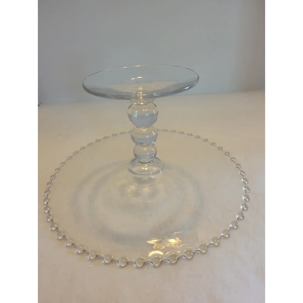 Cake‎ Stand 11in Clear Glass Beaded Rim Stacked Ball Pedestal Base Dessert Party